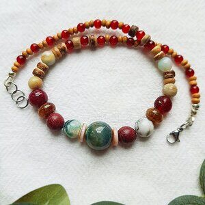 Green Agate and Wood Beaded Choker, Maximalist Bohemian Jewelry, Boho Choker